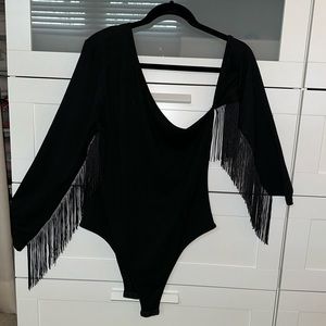 SHEIN LUNE Plus Asymmetrical Neck Fringe Trim Bodysuit, 12 (0XL)